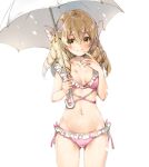  1girl 1girl alluring bikini blonde_hair bow closed_mouth drill_hair female_focus fire_emblem fire_emblem_awakening hair_bow holding holding_umbrella intelligent_systems long_hair maribelle_(fire_emblem) miwabe_sakura navel nintendo pink_bikini simple_background smile standing swimsuit umbrella white_background white_bow white_umbrella yellow_eyes 