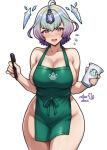  1girl :d alluring apron big_breasts blush bright_pupils cleavage commentary cowboy_shot cup curvy english_commentary fire_emblem fire_emblem_heroes floating floating_object forehead_jewel green_apron high_res holding holding_cup holding_pen iced_latte_with_breast_milk_(meme) intelligent_systems looking_at_viewer meme naked_apron nervous_smile nintendo open_mouth pen rotomdocs seidr_(fire_emblem) short_hair simple_background smile starbucks white_background white_pupils 