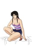 1girl arm_at_side arm_support bare_arms bare_legs bare_shoulders belt big_breasts black_eyes black_hair blue_skirt breasts cat's_eye cleavage collarbone female_only female_solo footwear full_body grin head_tilt high_heel_sandals high_heels kisugi_hitomi legs long_hair looking_at_viewer medium_breasts miniskirt multicolored_clothes multicolored_tubetop nail_polish neck panties pantyshot parted_lips pencil_skirt sidelocks simple_background skirt smile straight_hair strapless striped striped_clothes striped_tubetop thighs tubetop underwear white_background white_panties white_underwear