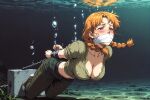 1girl ai_generated alex_(minecraft) arms_tied_behind_back asphyxiation blush bondage drowning female gag gagged minecraft mojang monstergirlasmr orange_eyes orange_hair over_the_mouth_gag peril solo underwater underwater_peril