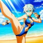 1girl alluring aqua_eyes aqua_hair bare_legs goldhopper kick kicking medium_breasts one-piece_bikini pin_up sinon_(sao) sword_art_online