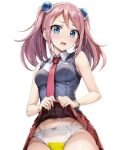  1girl belly_button blue_eyes dark_pink_hair hiiragi_yuzu lifting_skirt open_mouth pee sleeveless_shirt tie wet_panties yu-gi-oh!_arc-v zuzu_boyle 