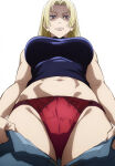  ai_generated angry_expression athletic_female bare_thighs big_breasts blonde_hair brown_eyes huge_breasts huge_thighs jujutsu_kaisen light-skinned_female light_skin long_hair looking_down low-angle_view massive_breasts panties pussy_visible_through_panties solo_female squatting sweat sweatdrop thick_body thick_female thick_thighs thighs voluptuous voluptuous_female yoez8 yuki_tsukumo 