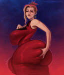 bare_shoulders barefoot biting_own_lip bulge deep_skin dress dumptruck_ass earrings fat_ass final_fantasy final_fantasy_vii final_fantasy_vii_remake futanari grabbing_ass huge_breasts ignantastro long_hair looking_at_viewer looking_back nail_polish red_dress scarlet_(ffvii) signature stardustpapi
