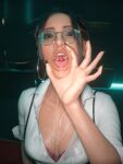  1girl 1girl 3d 3d_model after_facial bra brown_eyes checkpik cleavage clothed clothing cum cum_on_breasts cum_on_face cyberpunk_2077 female_only gesture gesture_hand gesturing_at_viewer glasses looking_at_viewer open_mouth oral_gesture panam_palmer shirt solo_female tagme teeth teeth_showing tongue tongue_out wet_shirt white_shirt 