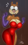 1girl 2d 2d_(artwork) 2d_artwork anthro dress english english_dialogue english_text jessica_rabbit_(cosplay) nickelodeon red_clothing sandy_cheeks skirt spongebob_squarepants squirrel squirrel_ears squirrel_girl squirrel_tail standing waffafries who_framed_roger_rabbit