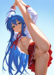 ai_generated areola bare_thighs blue_hair exposed_breasts green_eyes grin huge_thighs konata_izumi light-skinned_female light_skin long_hair looking_at_viewer lucky_star nipples no_panties puffy_pussy school_uniform schoolgirl small_breasts solo_female squatting stockings stretching sweat sweatdrop thick_body thick_female thick_thighs thighs voluptuous voluptuous_female whitebunnn