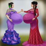  2_girls black_hair blue_eyes green_eyes green_hair holding_hands lurrak milf pregnant pregnant_belly pregnant_female sexy single_braid wedding wedding_dress wife_and_wife yuri 