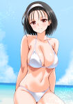 1girl alluring bare_shoulders beach big_breasts bikini black_hair blue_sky blush brown_eyes cleavage collarbone commentary_request commission engo_(aquawatery) hairband high_res kazama_jun looking_at_viewer milf namco navel pixiv_commission shore short_hair sky smile swimsuit tekken tekken_2 tekken_8 tekken_tag_tournament tekken_tag_tournament_2 triangle_bikini_top white_bikini
