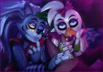 1boy 1girl 2_girls 3d accurate_art_style animatronic anthro blue_eyes finger_on_lip five_nights_at_freddy's five_nights_at_freddy's:_security_breach furry glamrock_chica_(fnaf) handjob male masturbation mrcourage616 on_model penis precum purple_lipstick roxanne_wolf_(fnaf) straight wink wolf wolf_ears wolf_girl wolf_humanoid yellow_eyes