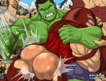 2boys ass bara beefcake day green_eyes green_skin helmet hulk hulk_(series) im_hasarath juggernaut male male_only marvel marvel_comics muscular muscular_male no_visible_genitalia over_the_knee punishment ripped_pants rubble short_hair spanking teeth_clenched veins