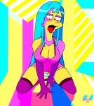 2014 big_breasts blue_hair bra breasts cleavage clothed elbow_gloves eyelashes gkg gloves hair marge_simpson me!me!me! mememe milf on_knees open_mouth panties purple_gloves stockings the_simpsons thigh_highs tongue upskirt yellow_skin