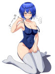  1girl 1girl alluring alternate_costume blue_eyes blue_hair blue_one-piece_bikini blush catria_(fire_emblem) cleavage closed_mouth covered_navel female_focus fire_emblem fire_emblem:_mystery_of_the_emblem headband intelligent_systems medium_breasts nintendo one-piece_bikini oyashimakanya short_hair silf simple_background sitting stockings strap_slip swimsuit white_background white_headband white_thighhighs 