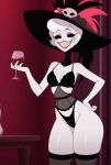 ai_generated hazbin_hotel lingerie rosie_(hazbin_hotel) sharp_teeth stable_diffusion white_hair white_skin wine wine_glass