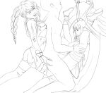  1boy 2_girls bdsm bondage boots bottomless bound bound_arms bound_legs claws freckles high_res lineart mole monochrome multiple_girls open_mouth project_soul pyrrha_alexandra sex soul_calibur soul_calibur_v stockings thigh_high_boots tira tira_(soulcalibur) tongue twin_tails vaginal 