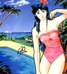 1girl alternate_costume bare_arms bare_legs bare_shoulders beach blue_hair breasts brown_eyes bush bushes cat's_eye cloud dark_blue_hair day female_only female_solo flower grass grin hair_flower hair_ornament hibiscus hitomi_kisugi houjou_tsukasa houjou_tsukasa_(artist) kisugi_hitomi legs legs_together lips lipstick long_hair looking_at_viewer makeup medium_breasts neck ocean one-piece_swimsuit outside palm_tree parted_lips pink_one-piece_swimsuit pool red_flower red_lipstick resort sky small_breasts smile standing straight_hair strapless strapless_one-piece_swimsuit strapless_swimsuit swimsuit thighs tree water