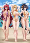 1girl 3_girls akeno_himejima alluring amenoosa athletic_female beach big_breasts black_hair blue_eyes female_abs fit_female green_eyes harem harem_girl high_school_dxd long_hair looking_at_viewer original_character ponytail purple_eyes red_hair rias_gremory seaside sling_bikini slingshot_swimsuit voluptuous