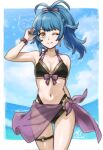 1girl 1girl alluring alternate_costume bare_shoulders bikini black_bikini blue_hair cleavage earrings fire_emblem fire_emblem_heroes high_res intelligent_systems jewelry long_hair looking_at_viewer navel nintendo ponytail reginn_(fire_emblem) rotomdocs small_breasts smile swimsuit thighs yellow_eyes 