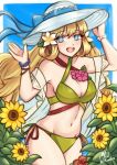  1girl 1girl :d alluring bare_shoulders bikini blonde_hair blue_eyes cleavage commission fire_emblem fire_emblem_heroes flower hair_between_eyes hair_flower hair_ornament hat high_res intelligent_systems long_hair looking_at_viewer navel nintendo official_alternate_costume open_mouth rotomdocs side-tie_bikini_bottom smile star-shaped_pupils star_(symbol) sun_hat sunflower swimsuit symbol-shaped_pupils teeth twitter_username upper_teeth_only yellow_bikini ymir_(fire_emblem) ymir_(fire_emblem_heroes) ymir_(summer)_(fire_emblem_heroes) 