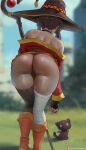  1girl bent_over big_breasts brown_hair bubble_butt cleavage horny inviting_to_sex kono_subarashii_sekai_ni_shukufuku_wo! konosuba:_gods_blessing_on_this_wonderful_world! megumin megumin_(konosuba) oroborus pose red_eyes standing stockings teasing thick_thighs 