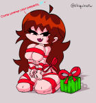  1girl ahoge artist_name auburn_hair big_breasts black_eyes bondage breast_squeeze breasts_squeezed_together chiquinsfw_(edit) christmas christmas_present color_edit cute cute_fang demon demon_girl dialogue edited friday_night_funkin functionally_nude functionally_nude_female girlfriend_(friday_night_funkin) grin huge_breasts long_hair on_knees slim_waist smile solo_female thick_thighs tied_up wide_hips wrapped wrapped_up 