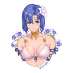  1girl 1girl alluring alternate_costume artist_name big_breasts bikini blue_eyes blue_hair catria_(fire_emblem) cleavage closed_mouth collarbone fire_emblem fire_emblem:_mystery_of_the_emblem fire_emblem:_shadow_dragon_and_the_blade_of_light flower hair_flower hair_ornament intelligent_systems lips looking_at_viewer meziosaur nintendo short_hair silf simple_background swimsuit upper_body white_background white_bikini 