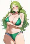 ai_generated artist_request bare_thighs bikini gigantic_breasts green_hair huge_breasts huge_thighs light-skinned_female light_skin long_hair looking_at_viewer massive_breasts monet_(one_piece) one_piece orange_eyes solo_female squatting sweat sweatdrop thick_body thick_female thick_thighs thighs voluptuous voluptuous_female