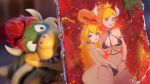  1boy 2_girls big_breasts bikini blonde_hair bowser bowsette collar hand_under_clothes hand_under_swimsuit high_res horns mario_(series) multiple_girls nintendo painting_(object) parody pointy_ears princess_peach screencap spiked_collar spikes swimsuit the_super_mario_galaxy_movie yuri zhang_tian57284 