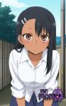 1girl asymmetrical_bangs black_hair blue_skirt blue_sky blush breasts brown_eyes closed_mouth clothing cloud collarbone collared_shirt dark-skinned_female dark_skin day earclip fence hair_ornament hairclip ijiranaide_nagatoro-san leaning_forward light_blush long_hair looking_at_viewer nagatoro_hayase outside pleated_skirt school_uniform shirt skirt sky sleeves_rolled_up white_shirt