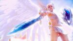  1girl 3d alluring angel angel_wings bra crystal elysium elysium_(soulcalibur) female_focus gif head_wings lowres medium_breasts miniskirt project_soul shield skirt soul_calibur soul_calibur_(weapon) soul_calibur_v sword underwear weapon wings 