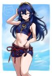  1girl 1girl alluring artist_name bare_shoulders bikini blue_bikini blue_eyes blue_hair blus feet_out_of_frame fire_emblem fire_emblem_awakening fire_emblem_cipher fire_emblem_warriors hair_between_eyes high_res intelligent_systems long_hair looking_at_viewer lucina lucina_(cipher_swimsuit)_(fire_emblem) lucina_(fire_emblem) navel nintendo official_alternate_costume one_eye_closed rotomdocs small_breasts smile sommie_(fire_emblem) swimsuit tiara very_long_hair 