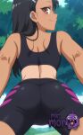 1girl 1girl 1girl artist_name ass asymmetrical_bangs back bike_shorts black_hair black_shorts black_sports_bra blush brown_eyes closed_mouth clothing dark-skinned_female dark_skin day earclip forest from_behind from_below hair_ornament hairclip ijiranaide_nagatoro-san long_hair looking_at_viewer looking_back nagatoro_hayase nature one-piece_tan outside shorts shoulder_blades sky smile sports_bra tan tan_line tree