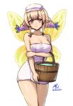 1girl 1girl alluring alternate_hairstyle arm_under_breasts armpit_crease big_breasts brown_hair bucket butterfly_wings carrying carrying_under_arm center-flap_bangs cleavage collarbone commentary cowboy_shot elbow_carry english_commentary feet_out_of_frame fire_emblem fire_emblem_heroes flower gradient_eyes gradient_hair hair_flower hair_ornament high_res insect_wings intelligent_systems looking_at_viewer multicolored_eyes multicolored_hair naked_towel nintendo peony_(fire_emblem) pointy_ears purple_hair rotomdocs sidelocks signature simple_background smile towel towel_on_head twitter_username white_background wide_hips wings wooden_bucket