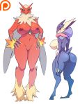 2girls anthro avian big_breasts blaziken blaziken_(pokemon) breasts bursyamo_(pokemon) chicken claws creatures_(company) game_freak gen_3_pokemon greninja huge_breasts looking_back maniacpaint multicolored_fur multiple_girls nintendo nipples non-mammal_breasts pokemon pokemon_(anime) pokemon_(creature) pokemon_(game) pokemon_(species) pokemon_rse pokemon_ruby_sapphire_&_emerald pokemon_xy pokemorph pussy sideboob talons yellow_sclera