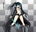 an-bl black_hair black_rock_shooter black_rock_shooter_(character) blue_eyes breasts coat glowing glowing_eyes katana long_hair nipples sword twintails weapon