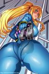  1girl aiming_at_viewer ass beauty_mark big_breasts blonde_hair blue_eyes blush bodysuit bracelet breasts darkereve darwin_nunez erect_nipples female female_only from_below gun handgun highres huge_ass large_ass lips long_hair looking_at_viewer looking_back looking_down metroid mole mole_under_mouth nintendo pistol ponytail pov_ass round_ass samus_aran sideboob single_breast skin_tight solo solo_female standing thick_thighs thighs tight_clothes watermark weapon web_address web_address_without_path wide_hips zero_suit 