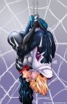 2_girls 2girls aqua_eyes ass black_hair blonde_hair blue_eyes blush bodysuit breasts brown_eyes cindy_moon darkereve darwin_nunez edge_of_spider_verse feet_together female floating_hair from_side full_body ghost_spider gloves gwen_stacy hair hairband hanging highres hood hood_down incipient_kiss lips long_hair looking_at_another marvel marvel_comics multiple_girls no_mask open_mouth parted_lips red_eyes short_hair silk silk_(marvel) skin_tight spandex spider-gwen spider-man_(series) spider_web spider_web_print superhero tight_clothes toned upside-down watermark web_address yuri