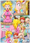 3_girls 3girls bare_arms bbmbbf comic crown earrings female flower_earrings palcomix palcomix*vip palcomix_vip peachy_party princess_daisy princess_peach princess_rosalina rosalina royalty sleeveless star_earrings super_mario_bros. super_mario_galaxy super_mario_land yuri