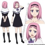 1girl blue_eyes bow capelet dress female gokukoku_no_brynhildr hairband kazumi_schlierenzauer looking_at_viewer multiple_persona open_mouth pink_hair purple_eyes school_uniform short_hair smile solo turnaround