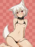 1girl animal_ears belly bikini black_bikini blush collar hair highres inubashiri_momiji looking_at_viewer micro_bikini navel negija nipples red_eyes short_hair small_breasts solo swimsuit tail touhou white_hair wolf_ears wolf_tail