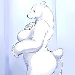 1:1 1girl 2020 anthro ass bear black_eyes breasts featureless_breasts fur furry hand_on_chest high_res koncon mammal polar_bear simple_background slightly_chubby standing ursid ursine white_body white_fur