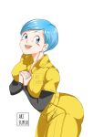  1girl anime_milf art_suyuu ass ass_focus big_ass big_breasts blue_eyes blue_hair bottom_heavy breasts bubble_butt bulma_brief closed_eyes clothed clothed_female clothing dat_ass dragon_ball dragon_ball_super dragon_ball_super:_super_hero dragon_ball_z ear_piercing earrings fat_ass female_focus female_only large_ass looking_at_viewer looking_back mature mature_female milf nipple_bulge one_eye_closed open_mouth piercing short_hair sideboob simple_background smile solo_female solo_focus thick_thighs voluptuous white_background wide_hips 