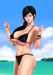  1girl bikini black_bikini black_eyes bracelet breasts cleavage dead_or_alive erect_nipples female jewelry kokoro_(doa) large_breasts long_hair navel ponytail smile solo swimsuit tatsunami_youtoku thighs underboob 