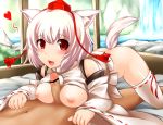 1boy 1girl all_fours animal_ears bare_shoulders blush bottomless breasts detached_sleeves fang hat heart inubashiri_momiji looking_at_viewer nipples open_mouth paizuri penis red_eyes ribbon-trimmed_legwear ribbon-trimmed_sleeves ribbon_trim shirt_lift short_hair silver_hair smile solo_focus stockings tail tokin_hat touhou white_legwear wolf_ears wolf_tail yoshimo