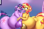 2_girls anthro bimbo bimbo_lips blonde_hair blues64 gigantic_ass gigantic_breasts green_eyes kissing moonlitbrush_(artist) my_little_pony purple_eyes purple_hair purple_skin red_hair sci-twi sunset_shimmer surprised tail twilight_sparkle voluptuous yuri