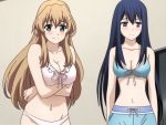 2girls arm arms babe bare_shoulders big_breasts bikini blue_eyes blue_hair blush breast_hold breasts cleavage collarbone crossed_arms female friends gokukoku_no_brynhildr green_eyes hair hair_between_eyes hair_over_breasts kotori_takatori kuroha_neko large_breasts light_brown_hair long_hair looking_at_viewer looking_away midriff multiple_girls navel neck neko_kuroha ribbon screencap shy smile sweat swimsuit takatori_kotori upper_body