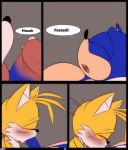 2015 anthro black_nose blue_fur blush canine closed_eyes comic crazedg duo erection fellatio fox fur furry hedgehog humanoid_penis licking male male/male mammal miles_"tails"_prower open_mouth oral orange_fur penis precum sex sonic_(series) sonic_the_hedgehog text tongue tongue_out