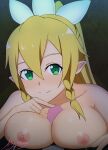 1boy 1girl alluring big_breasts blonde_hair clothed_male_nude_female cum green_eyes leafa mystery_(artist) mysteryctu paizuri sword_art_online