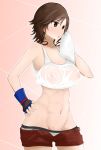  1girl abs absurd_res alluring blue_gloves brown_eyes brown_hair crop_top deep_stigma erect_nipples female_abs fingerless_gloves gloves grey_panties hand_on_hip high_res kazama_asuka lowleg lowleg_panties lowleg_shorts namco navel no_bra open_fly panties red_shorts see-through shirt short_hair shorts standing sweat tekken tekken_5_dark_resurrection tekken_tag_tournament_2 towel underwear wet wet_clothes wet_shirt wiping_sweat 