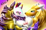  anthro areola blush breasts canine claws close-up clothing crossover digimon female female/female fox fur furry gloves hand_holding kyubi_(yo-kai_watch) looking_at_viewer mammal nipples nude open_mouth renamon sharp_claws sharp_teeth smile tailzkim teeth tongue yo-kai_watch 